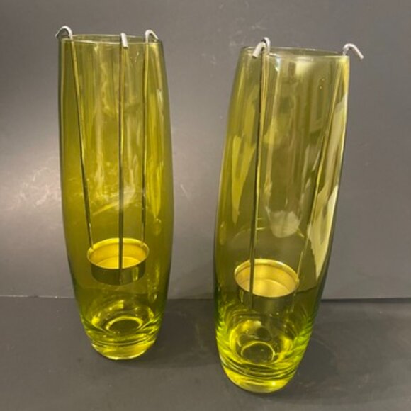 2 Yellow Glass Votive/Vases with Metal Candle Holders - 9" Tall - Picture 1 of 8